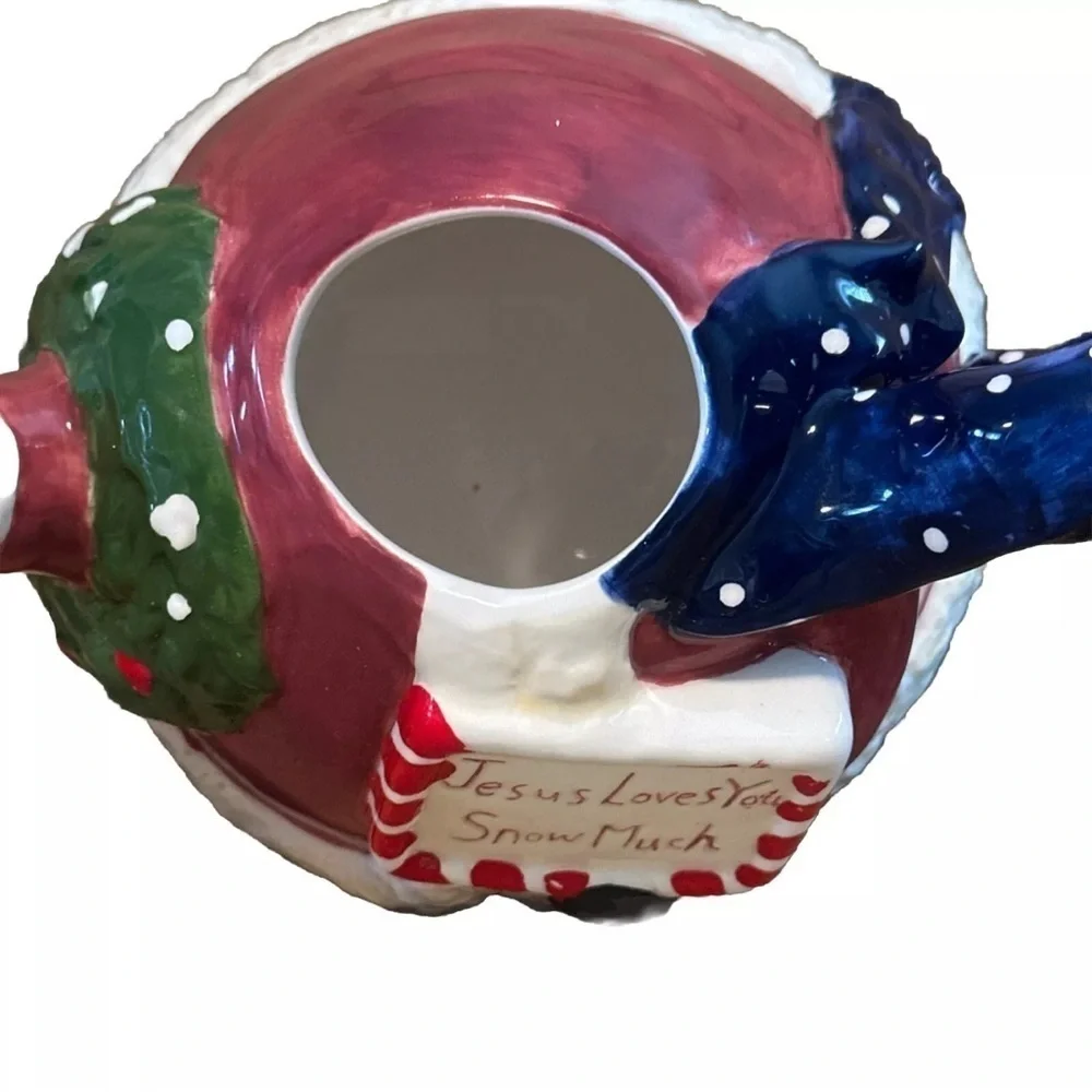 Vintage Dicksons Christmas Snowman Ceramic Teapot “Jesus Loves You Snow Much”